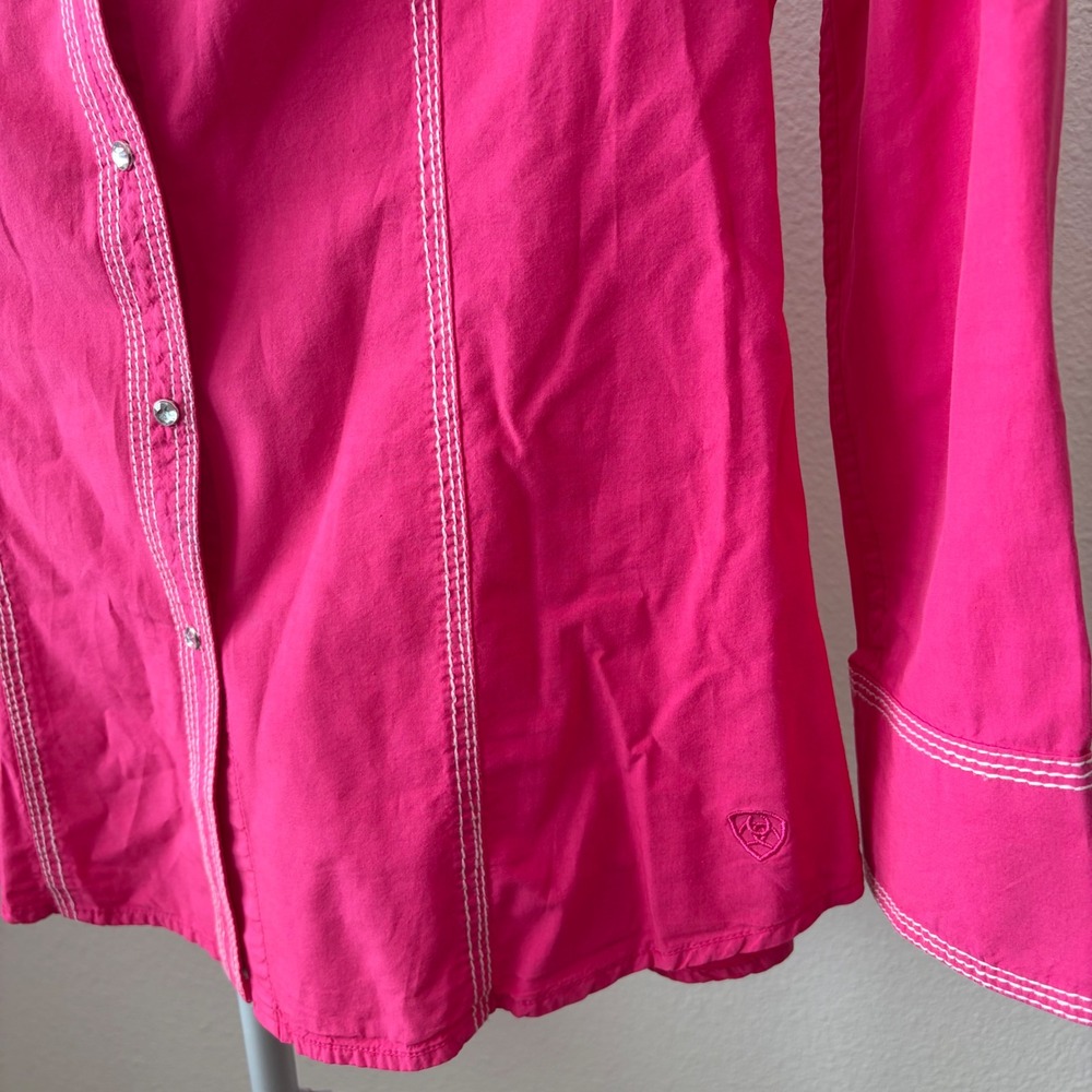 Ariat Western Snap Shirt Women Medium Hot Pink Rhinestone Bling Contrast Stitch - Picture 3 of 7